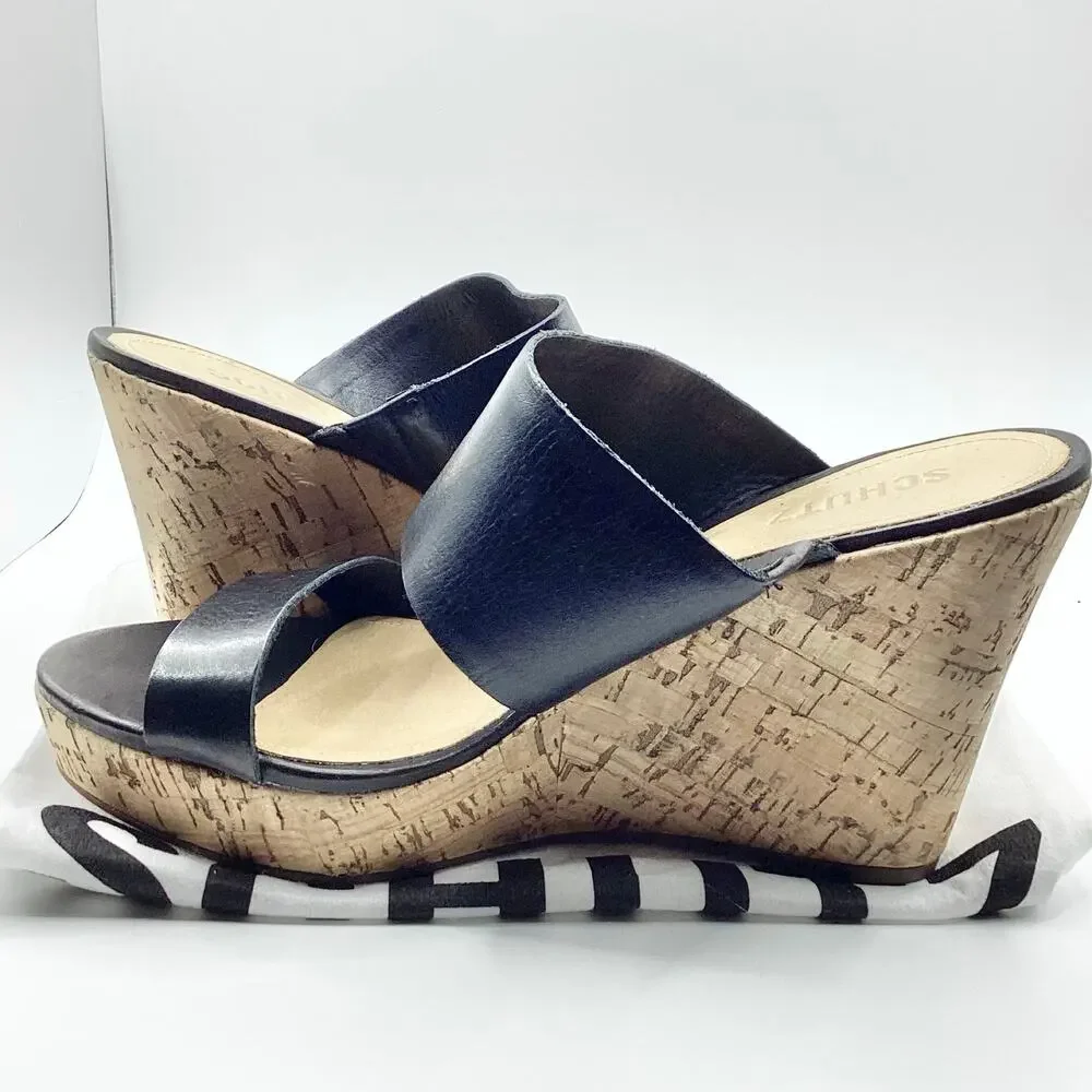 Schutz Kai Soft Black Leather Slip On Cork Wedge Sandal 10 NEW Dustbag